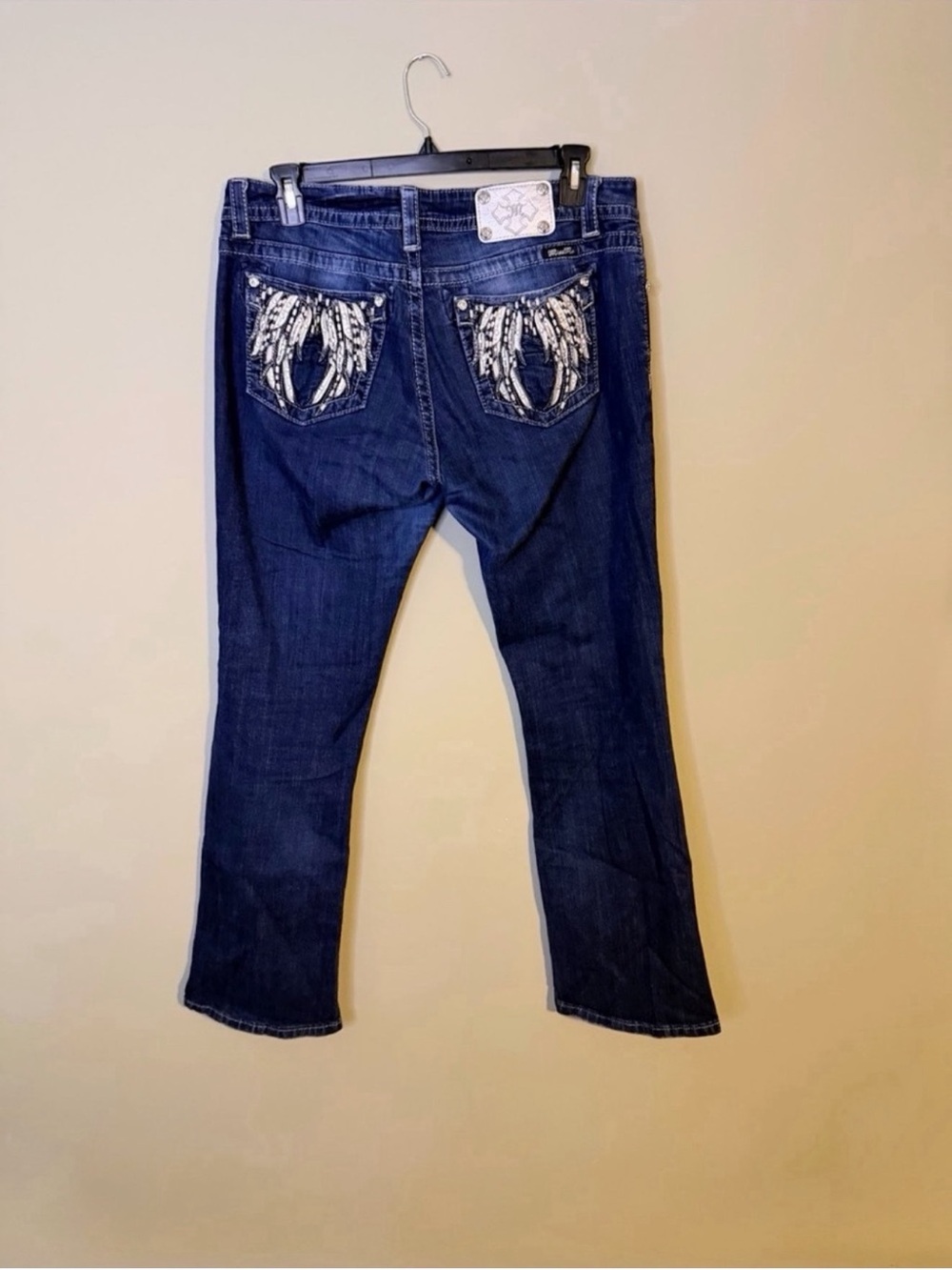 Gorgeous Miss Me Mid-Rise Easy Boot Jeans Wing Embellished Pockets 33” Inseam